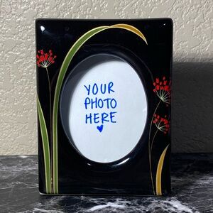 Vintage Ceramic Photo Frame Made in Japan, Glossy Black Floral Details, Lilly